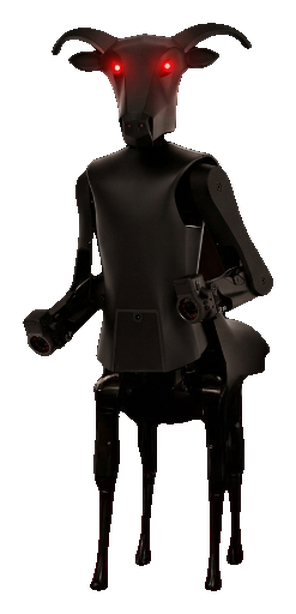 Threehalves Robot: a matte-black quadruped robot with a ram-shaped head and glowing red eyes